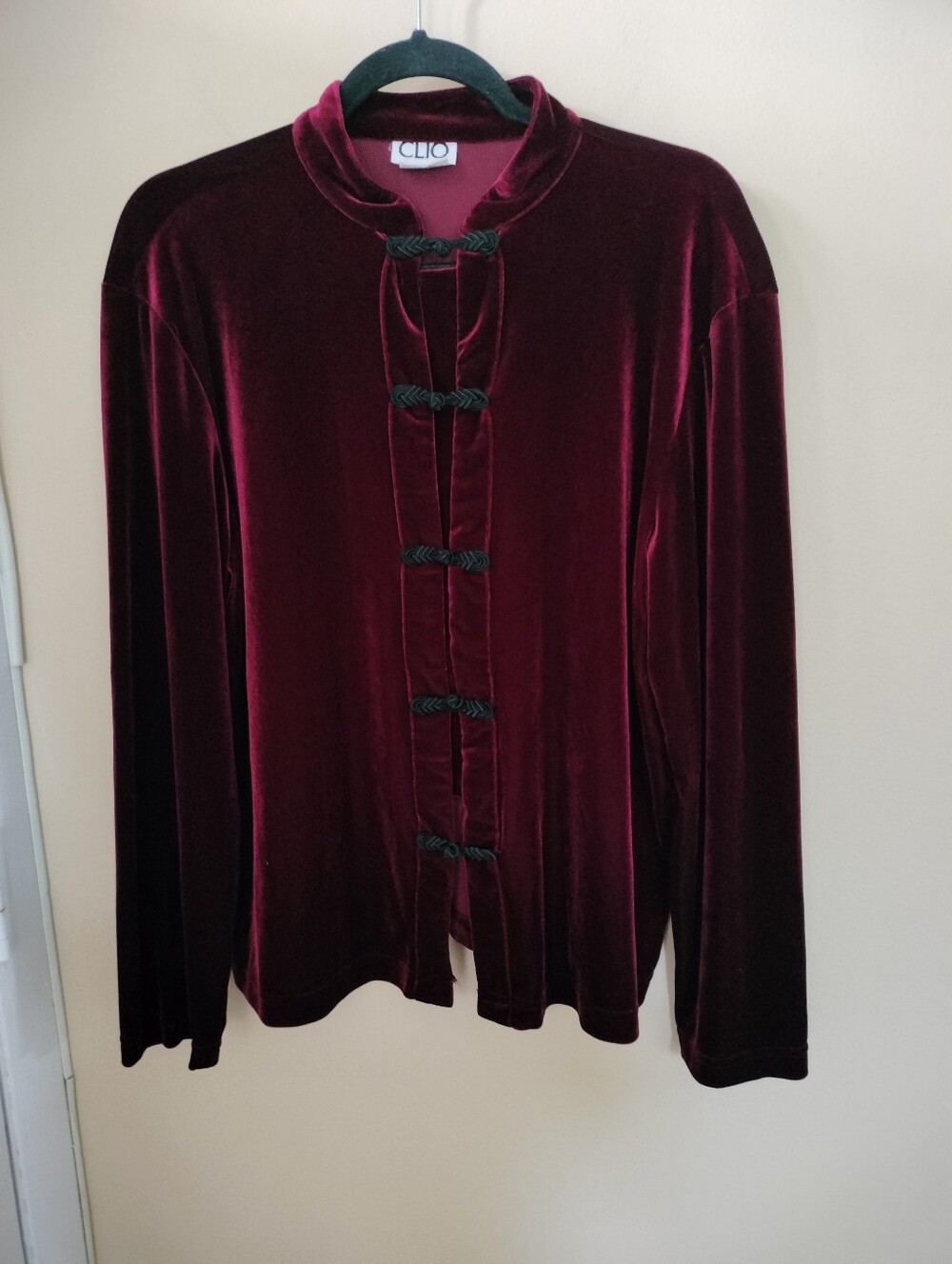 CLIO Velvet Mandarin Collar Deep Burgundy Jacket L Stretch Party Holiday